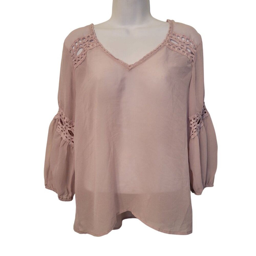 Victorias Secret Sheer Blouse M Mauve Pink‎ Lace Detail Long Sleeve Boho V Neck